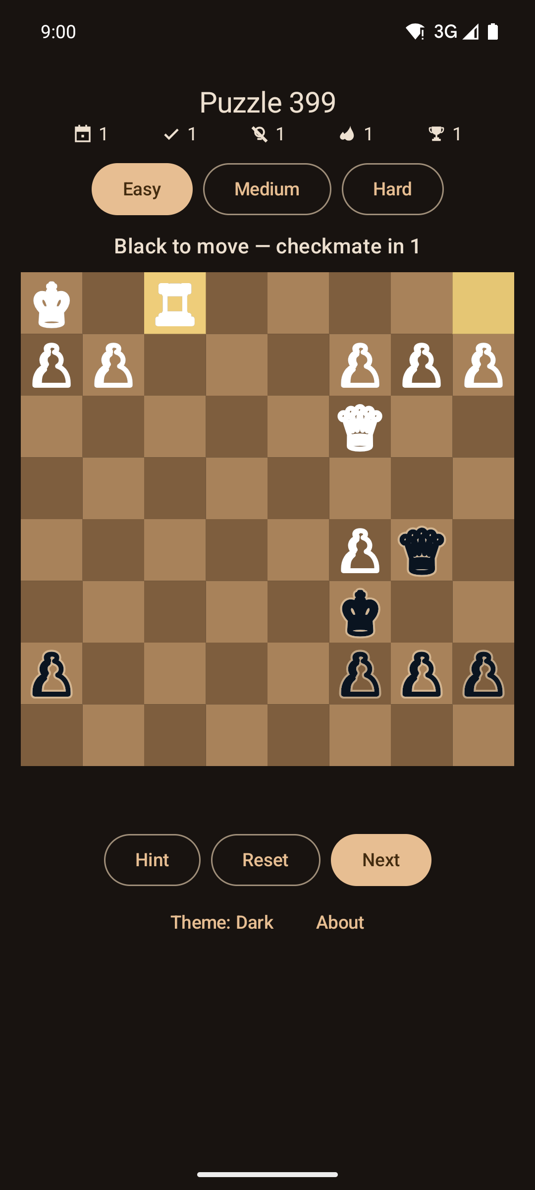 Night mode: a chess puzzle with dimmed board and readable pieces