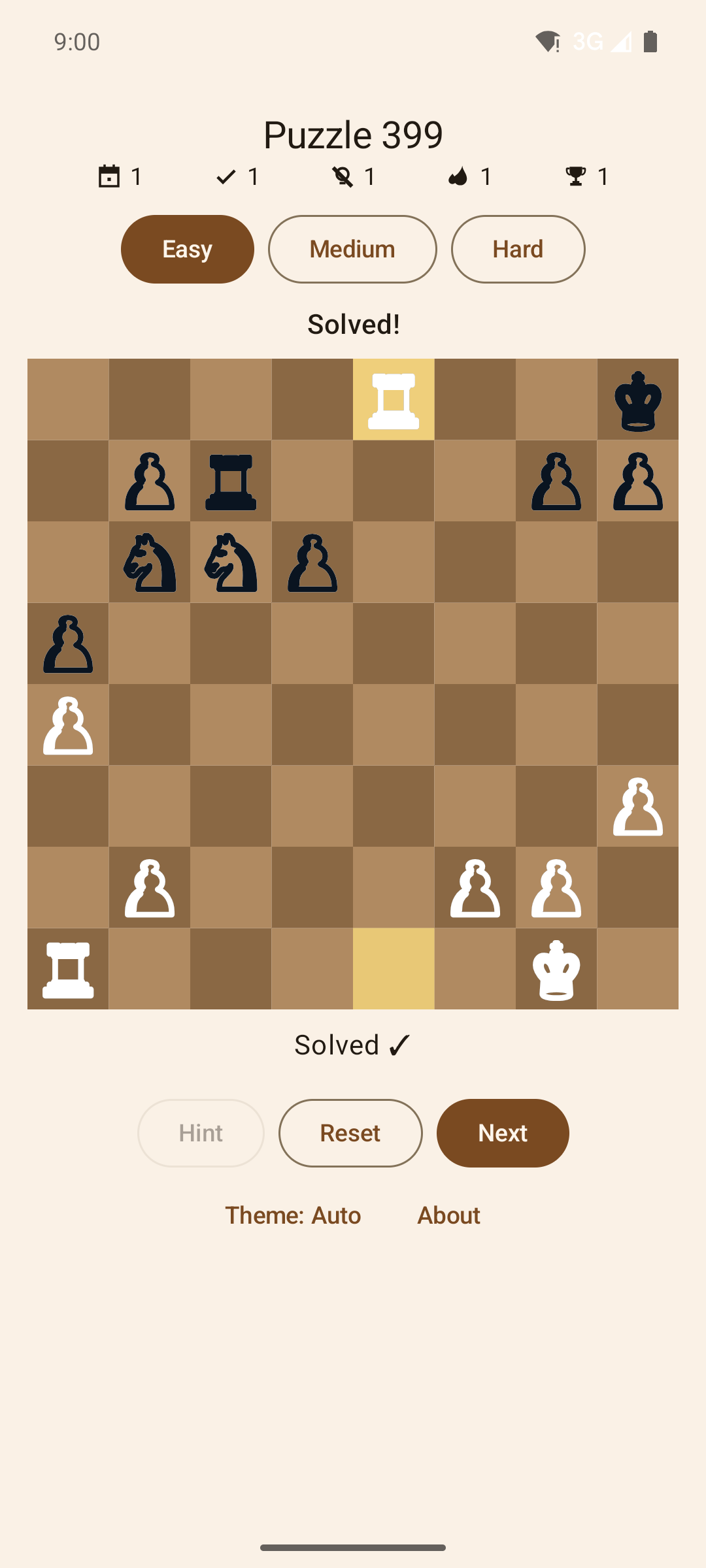 A solved chess puzzle with the streak counter updated